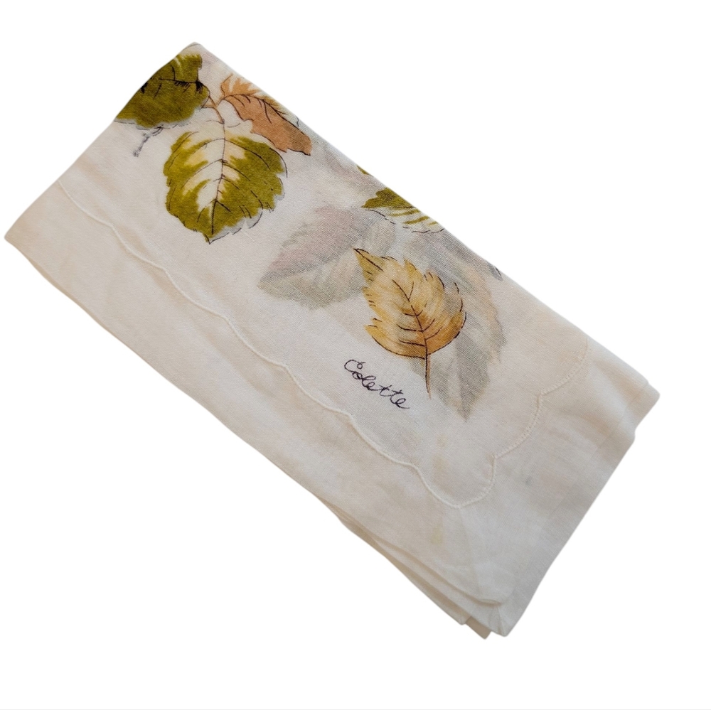 VINTAGE Hankerchief Foliage White Tan Brown Leaves Cotton 12.5"x12.5"